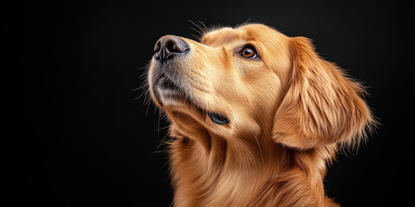 Golden retriever gazes thoughtfully in a studio setting with a dark background during a serene afternoon